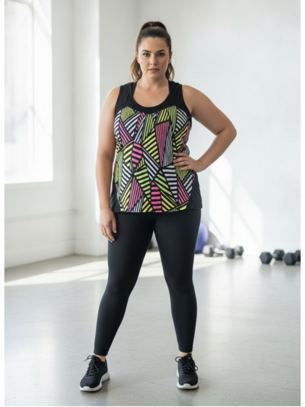 LIVI Active by Lane Bryant Geometric Print Mesh-Accent Tank Top Neon Retro Y2K